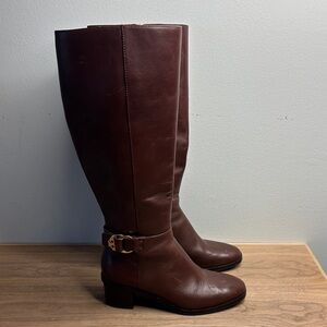 Tory Burch Brown Leather Knee-High Boots Zip up Heeled Chunky Boots